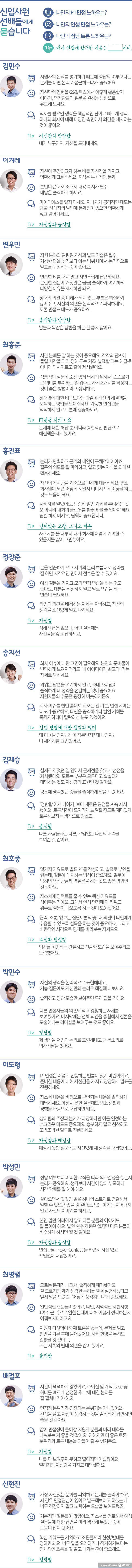 신입사원 선배들의 면접 Tip: 나만의 PT면접 노하우는? 나만의 인성 면접 노하우는? 나만의 집단 토론 노하우는? 내가 면접에 합격한 이유는 이것이다.