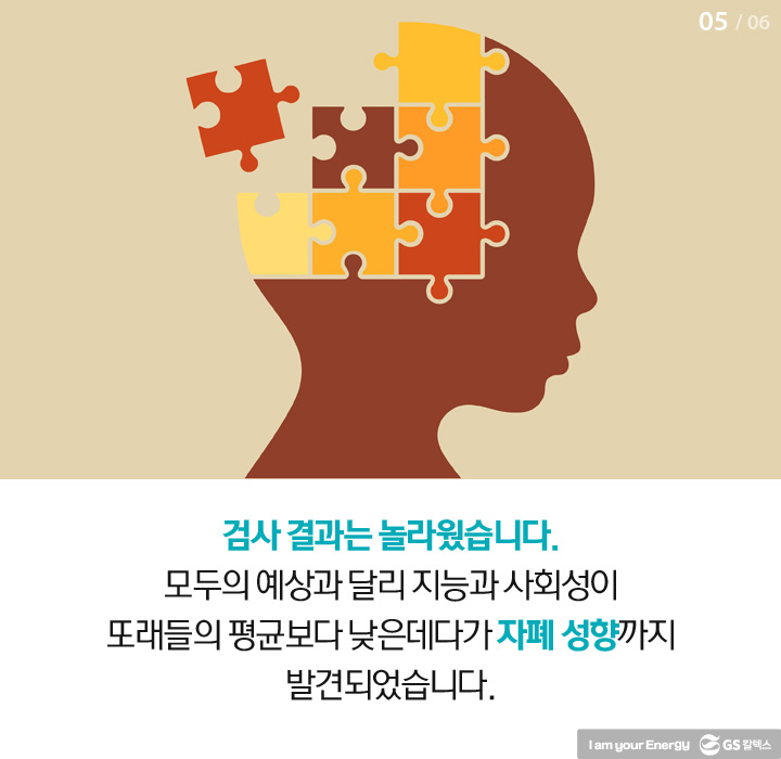 검사 결과는 놀라웠습니다. 모두의 예상과 달리 지능과 사회성이 또래들의 평균보다 낮은데다가 자폐 성향까지 발견되었습니다.