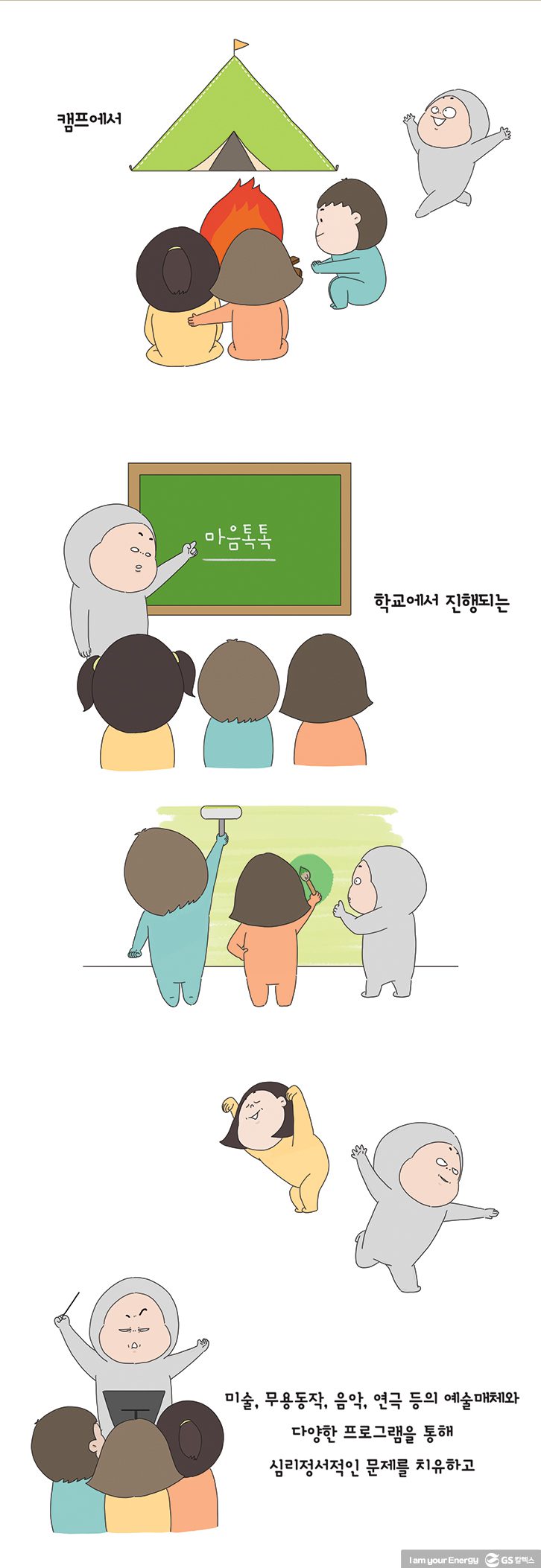 캠프에서, 학교에서 진행되는 미술/무용동작/음악/연극 등의 예술매체와 다양한 프로그램을 통해 심리정서적인 문제를 치유하고