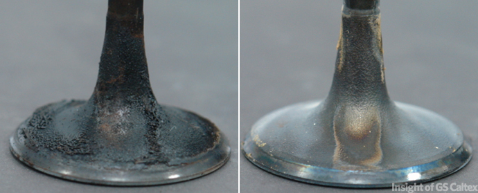 03-a 동일한 운전조건(ASTM D6201 시험법 활용)에서 운전한 후에 엔진에서 흡기밸브를 분리한 사진. 첨가제를 사용하지 않은 연료와(좌측) Kixx Prime(우측)의 차이가 눈으로 봐도 확실하게 나타납니다.