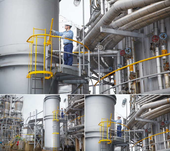 안전개선 회사의 수직사다리 안전바가 추락을 방지할 수 있게 안전 규정에 맞도록 설치되었는지를 점검합니다.